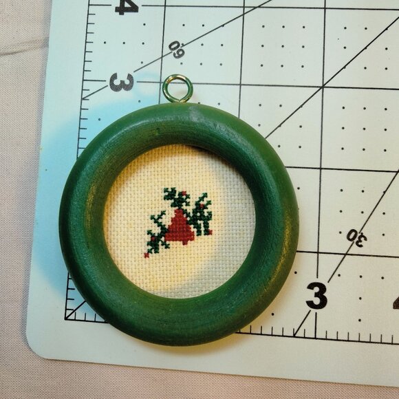 Cross Stitch Christmas Bell Ornament Handcrafted Green Framed - Picture 2 of 3